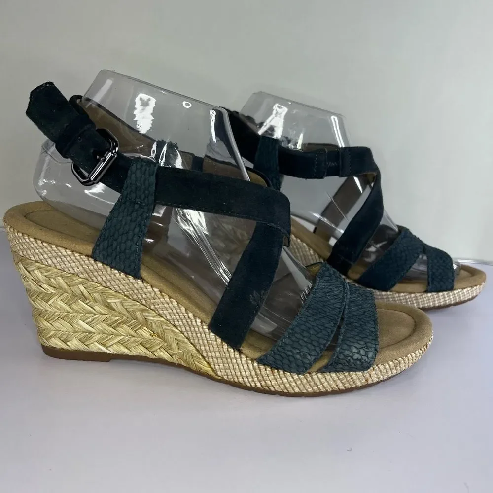 Gabor Leather/Suede Multi-Texture Snakeskin Blue Espadrille Wedges US 9 EU 40
